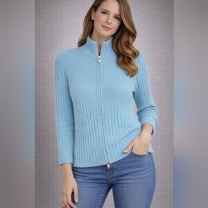 St John Aqua Ribbed Mock Neck Cardigan 100% cashmere Small S